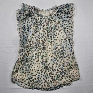 LOFT Leopard Print Shimmer Ruffle Neck Flutter Sleeve Blouse Women's Size Medium